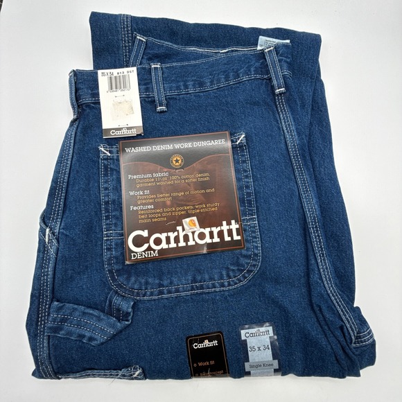 Carhartt Washed Denim Work Dungaree Jeans Mens 35x34 Single Knee B13 DST NWT NOS - Picture 1 of 9